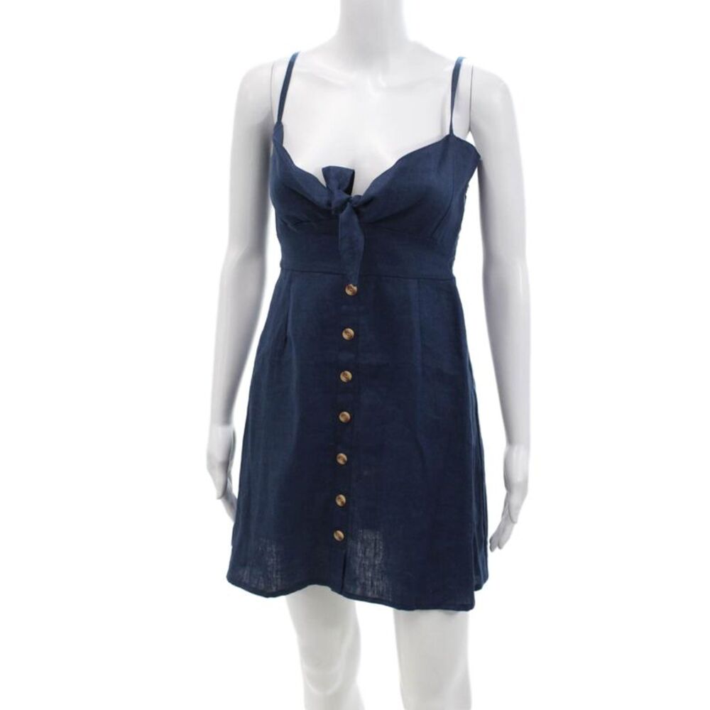 Faithfull The Brand Womens Spaghetti Strap Twist Linen Mini Dress Blue Size 6